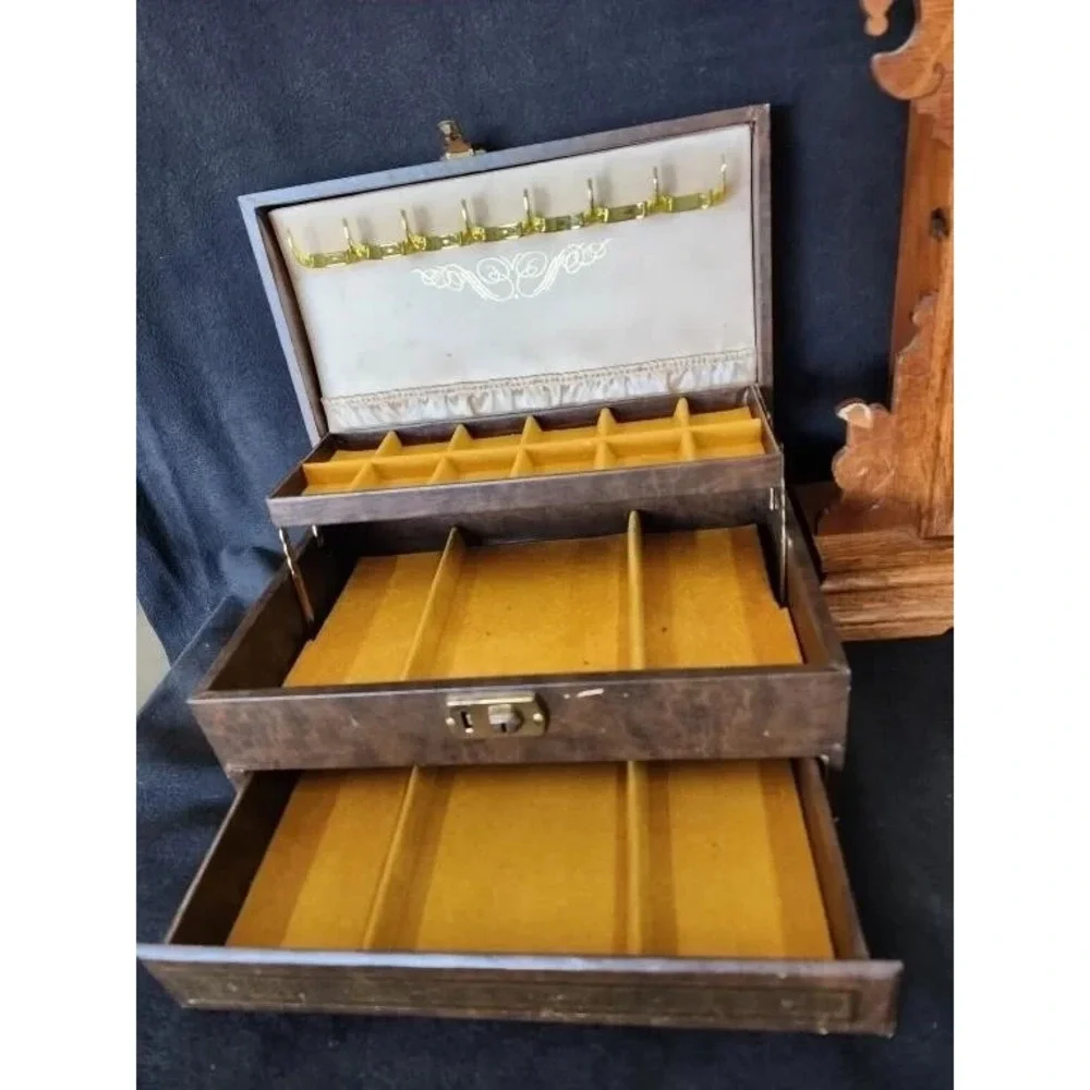 Vintage Leather‎ Covered Wooden Jewelry / Trinket Box [No Key]